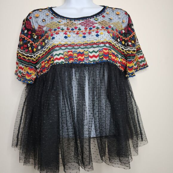 Zara Trafaluc Embroidered Tulle Sheer Beaded Boho Top Black Multicolor Size L - Picture 1 of 5